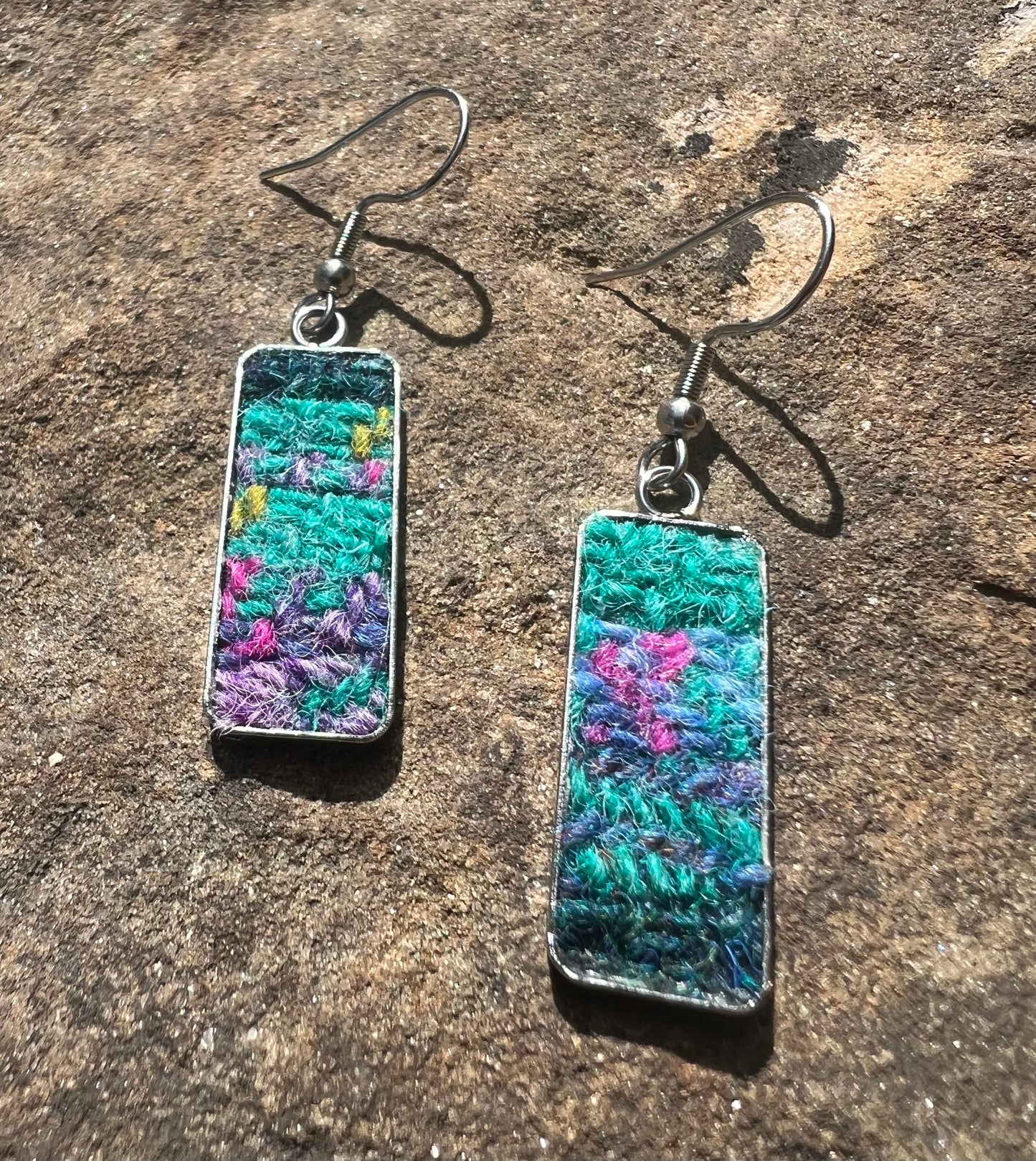 Teal & Pink Harris Tweed Patchwork Sterling Silver Earrings