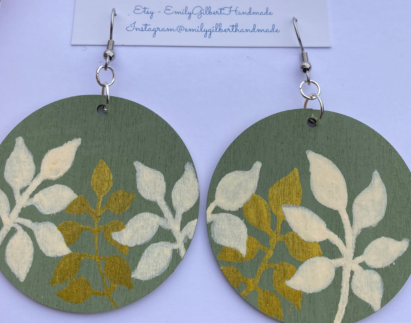 Hand painted Artisan Olive, Ivory and Gold Botanical Art Lightweight Statement Wooden Unique Earrings, Handmade in Scotland