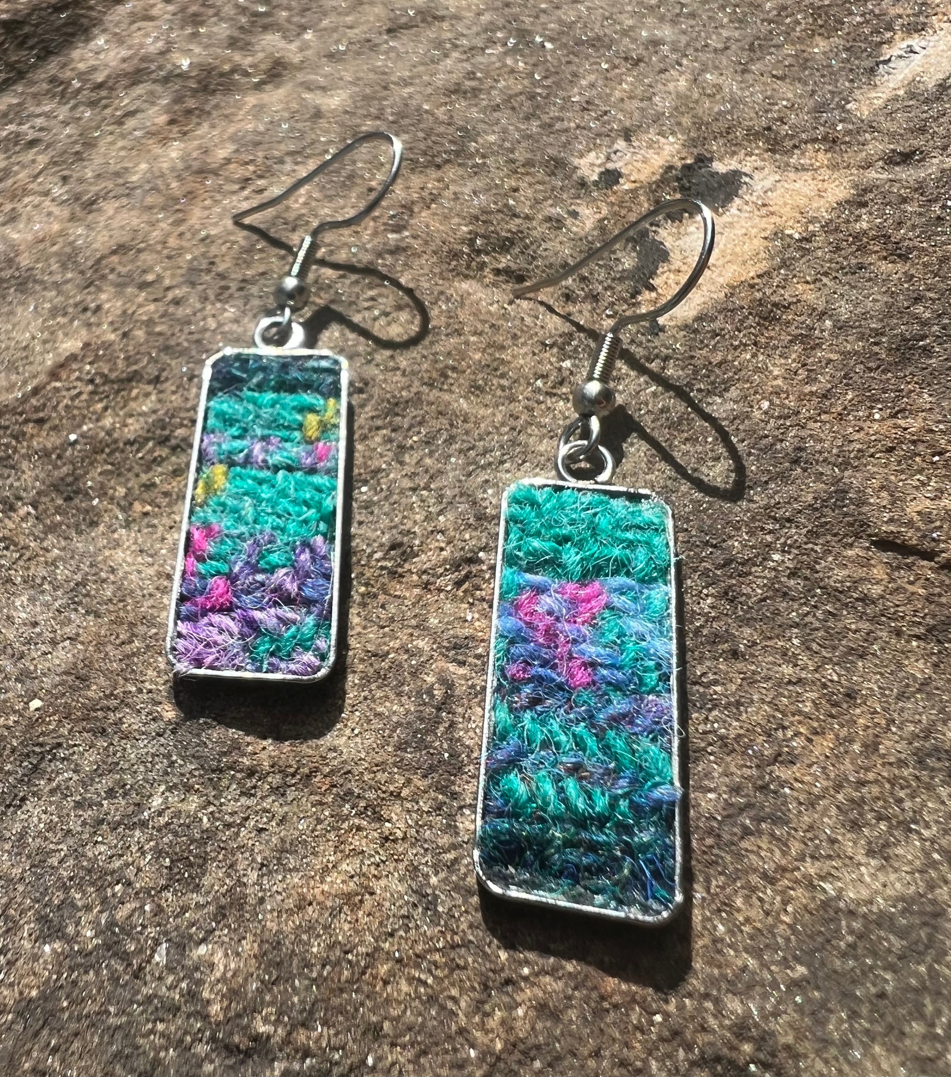 Dark Green,Teal, Purple and Pink Harris Tweed Patchwork Earrings, Handmade in Scotland, Gift Box Included