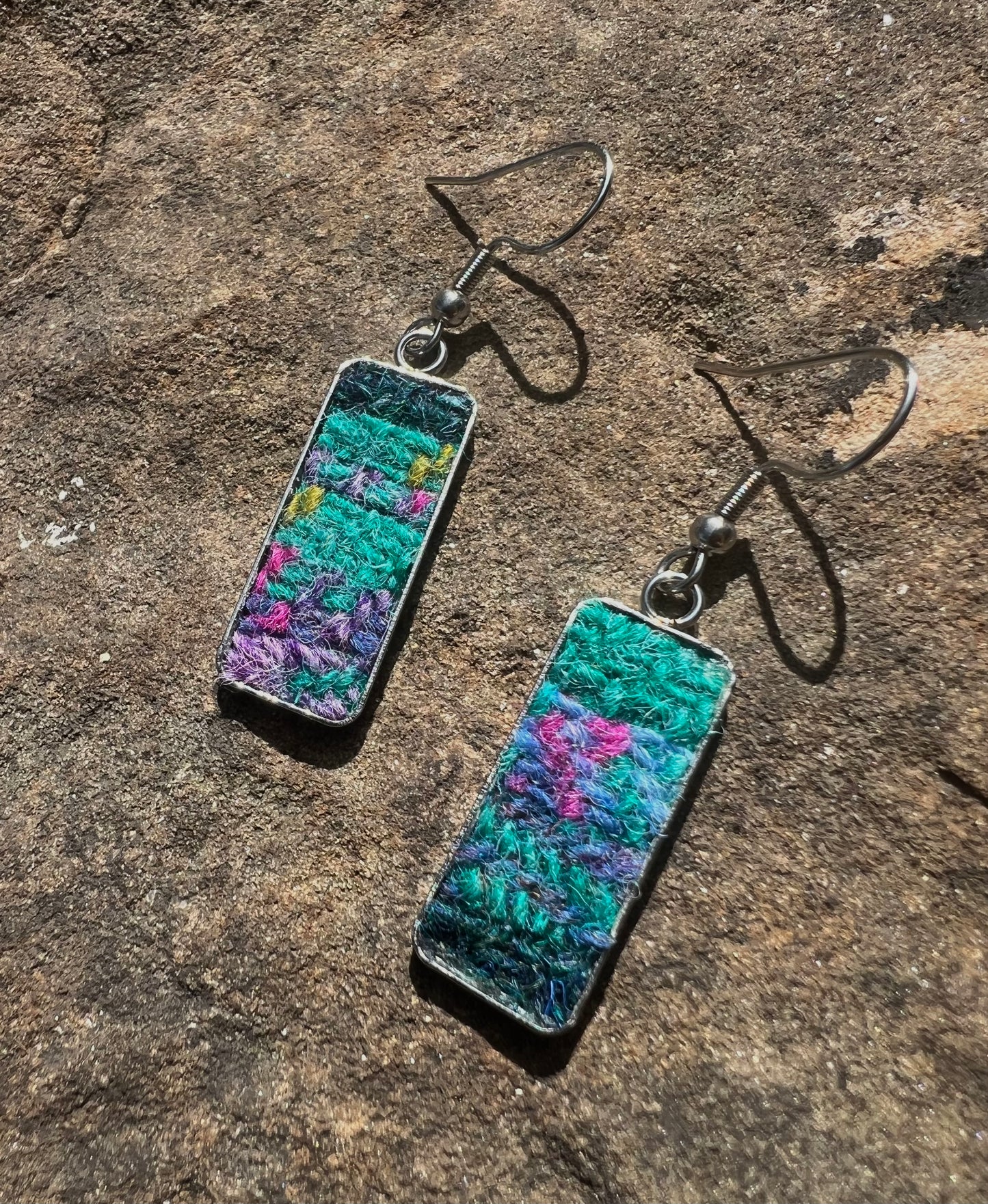 Teal & Pink Harris Tweed Patchwork Sterling Silver Earrings