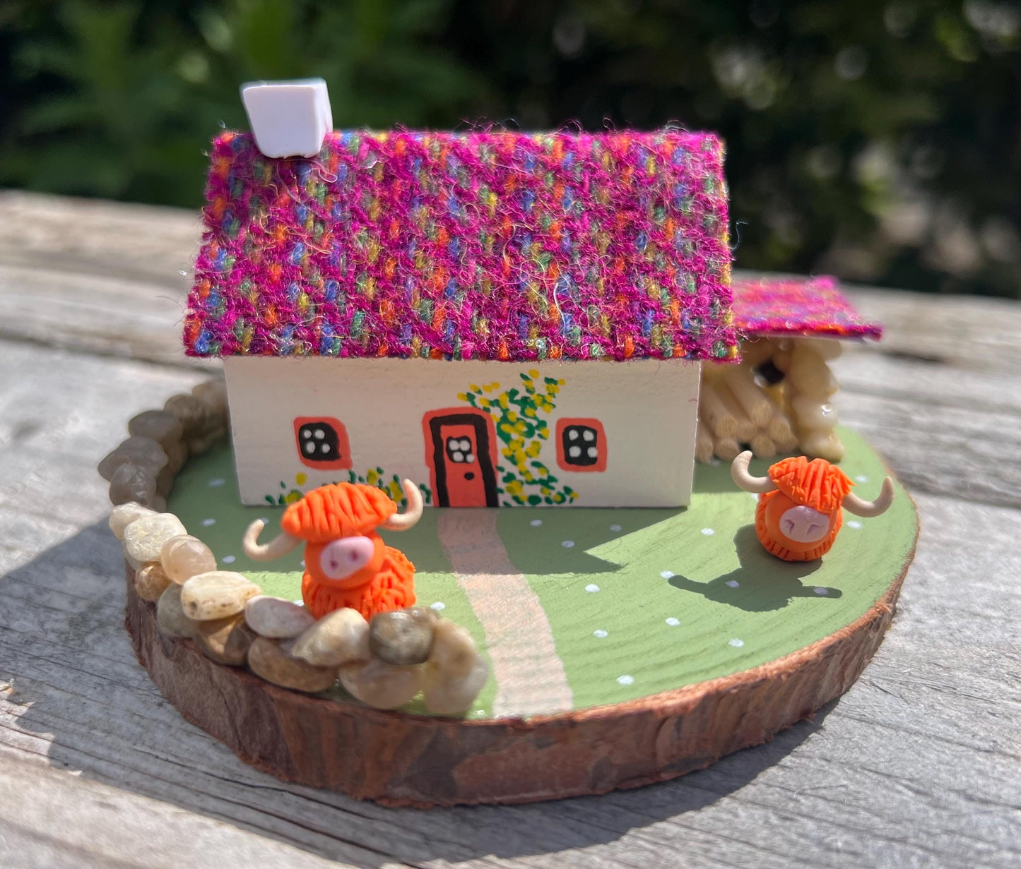 Pink Stripe Harris Tweed Miniature Scottish Bothy with Highland Cows