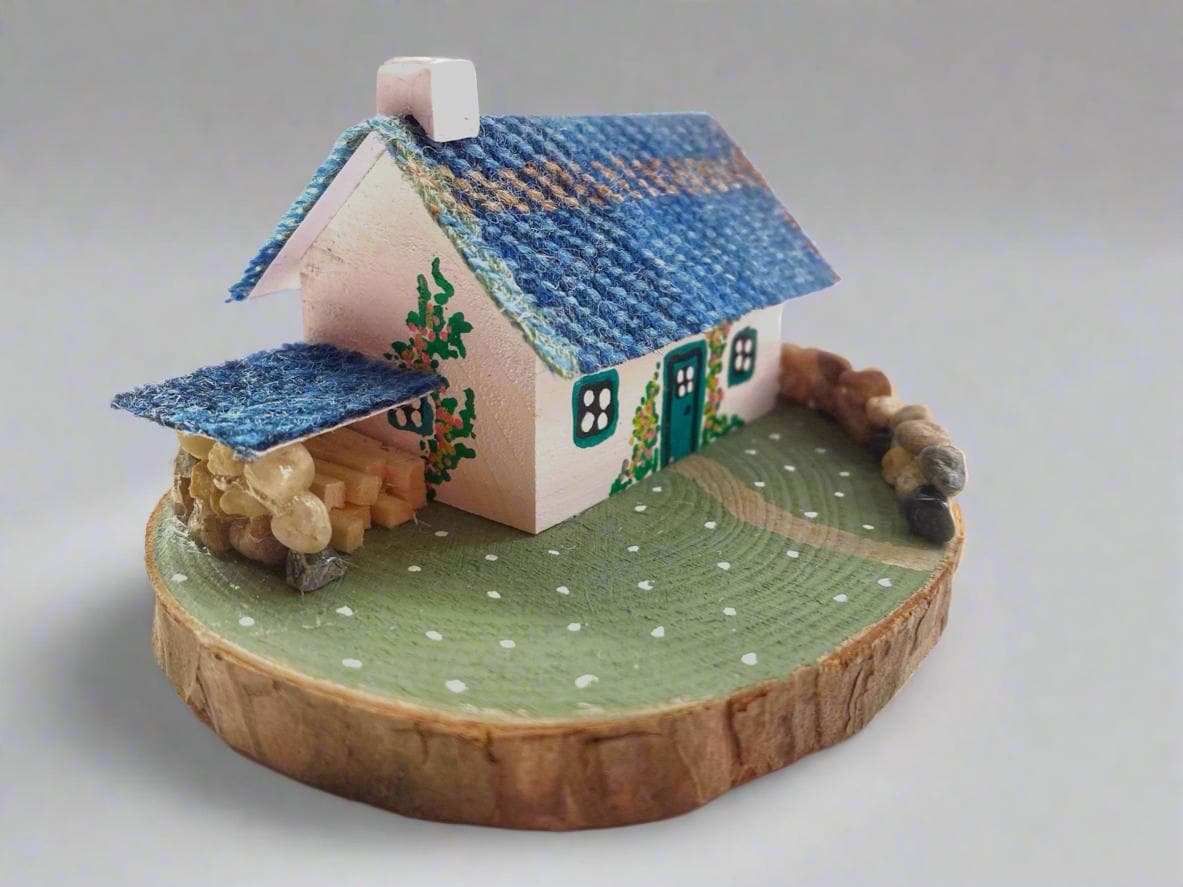 Blue Tartan Harris Tweed Keepsake Miniature Wooden Scottish Bothy & Log Store, Handmade in Scotland