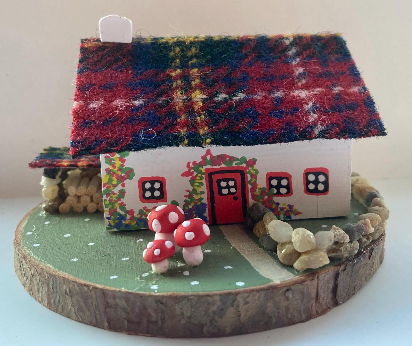 Royal Stewart Harris Tweed Miniature Scottish Bothy with mushrooms and log store