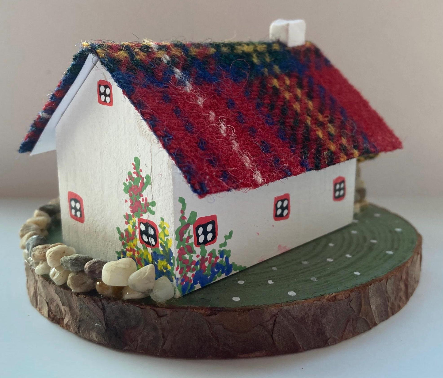 Royal Stewart Harris Tweed Miniature Scottish Bothy with mushrooms and log store