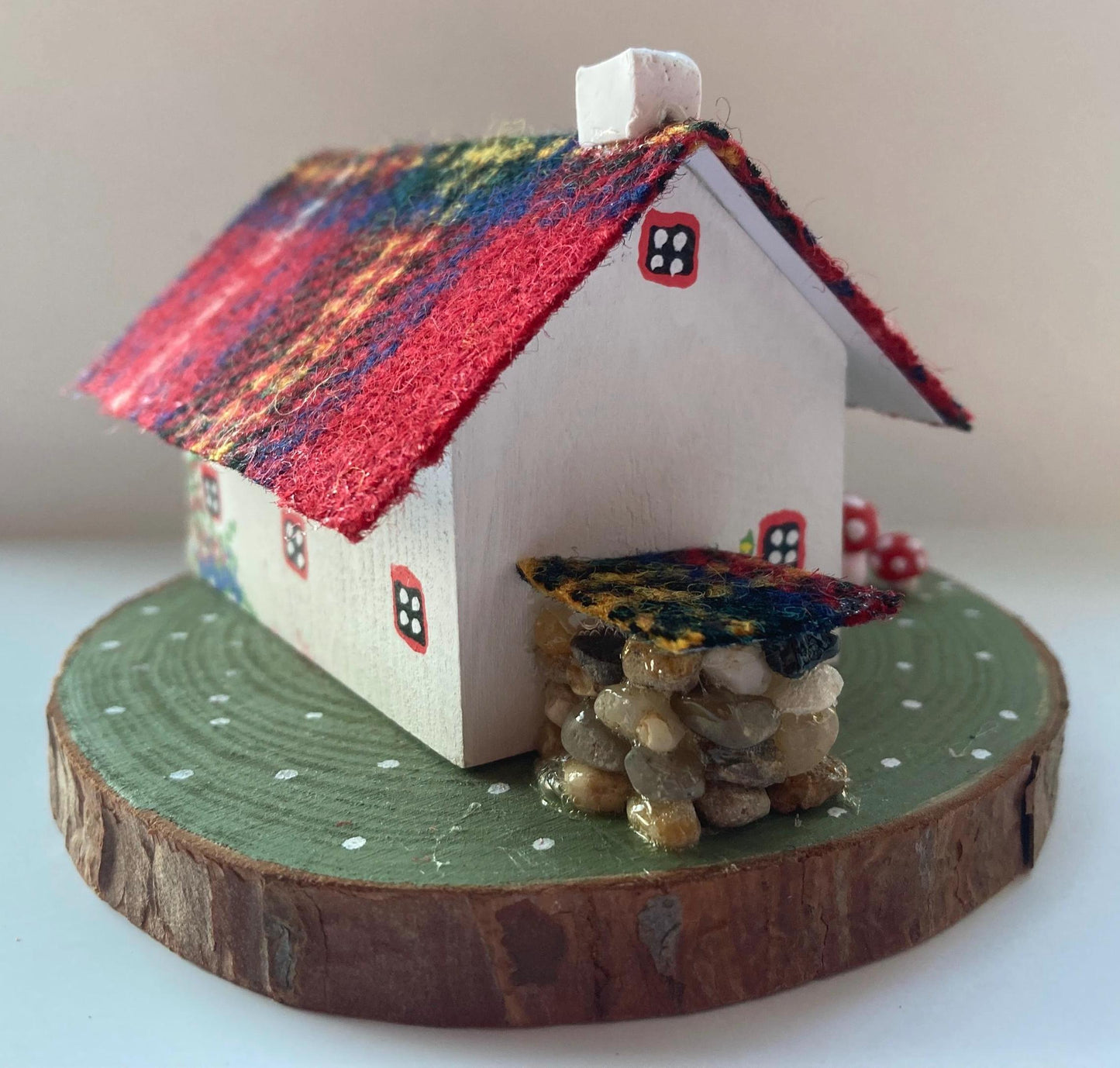 Royal Stewart Harris Tweed Miniature Scottish Bothy with mushrooms and log store