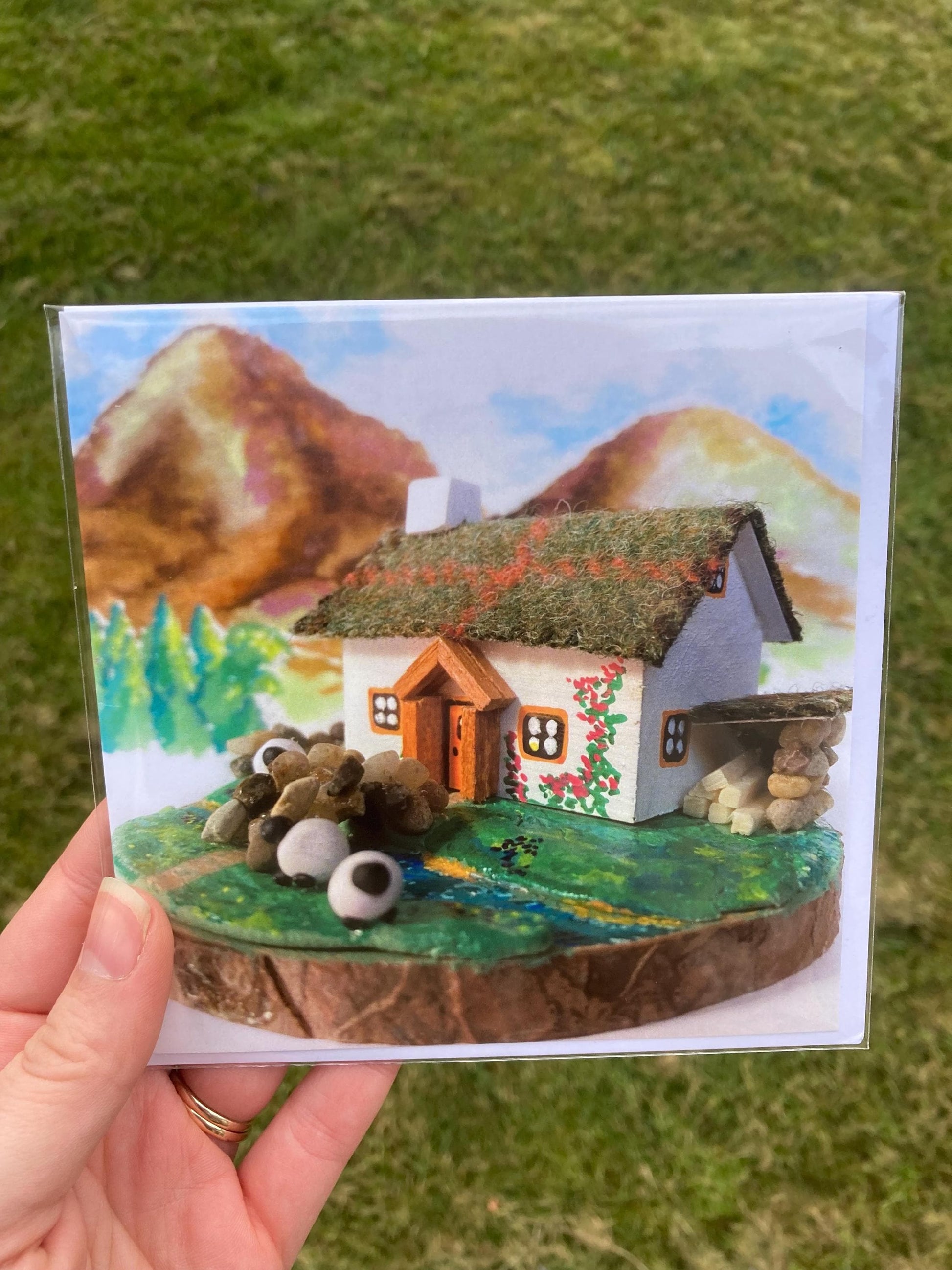 Autumn Green Harris Tweed Scottish Highland Sheep Bothy Square Printed Greetings Card, Blank, Envelope included, Designed in Fife, Scotland