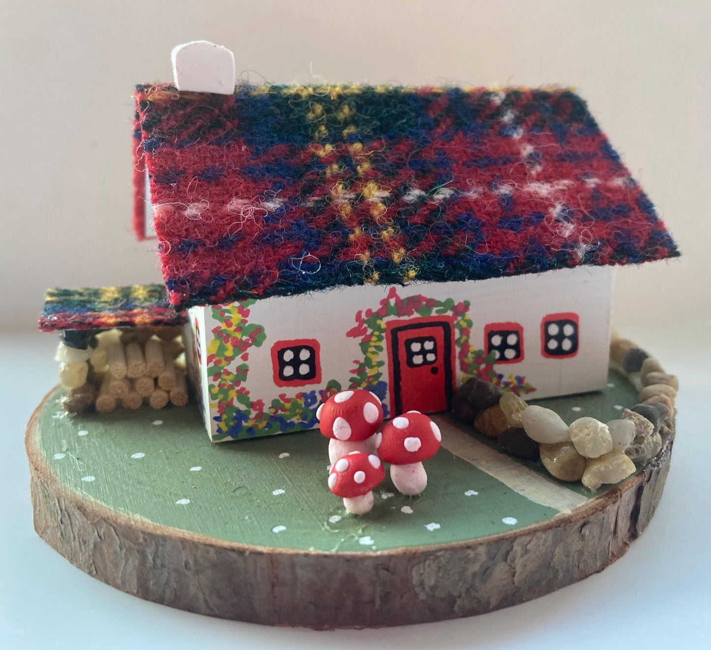 Royal Stewart Harris Tweed Miniature Scottish Bothy with mushrooms and log store