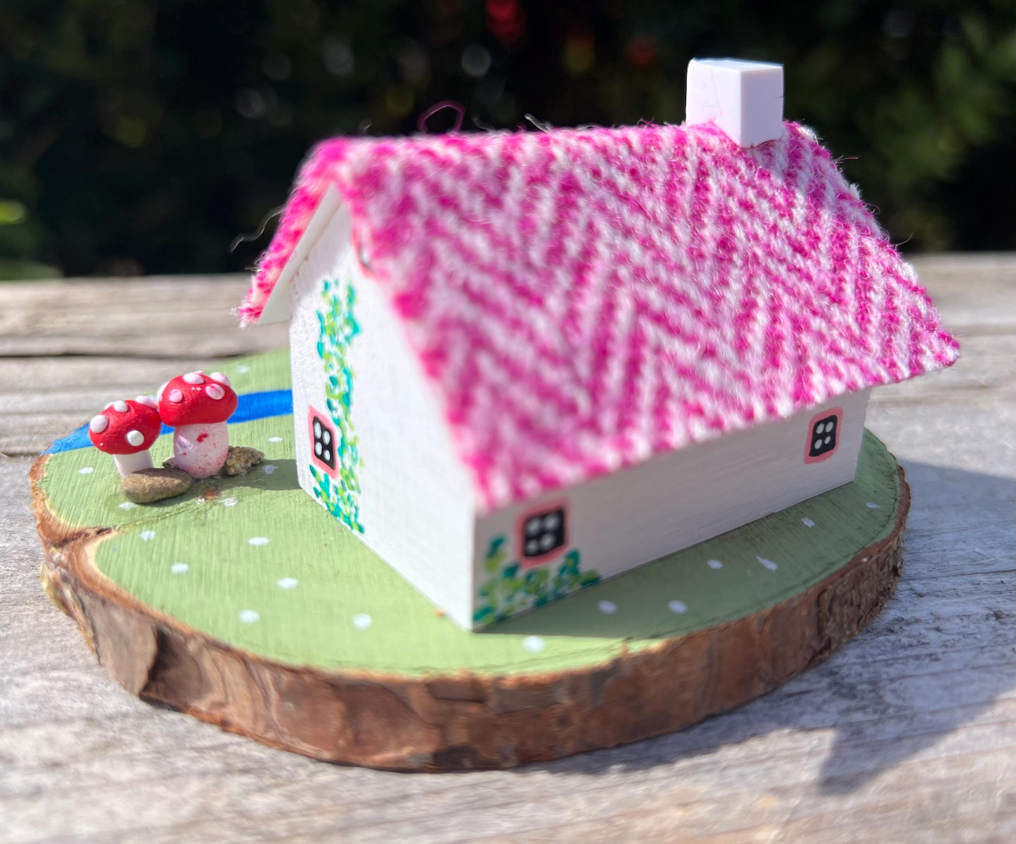 Pink Striped Harris Tweed Miniature Scottish Bothy with Mushrooms