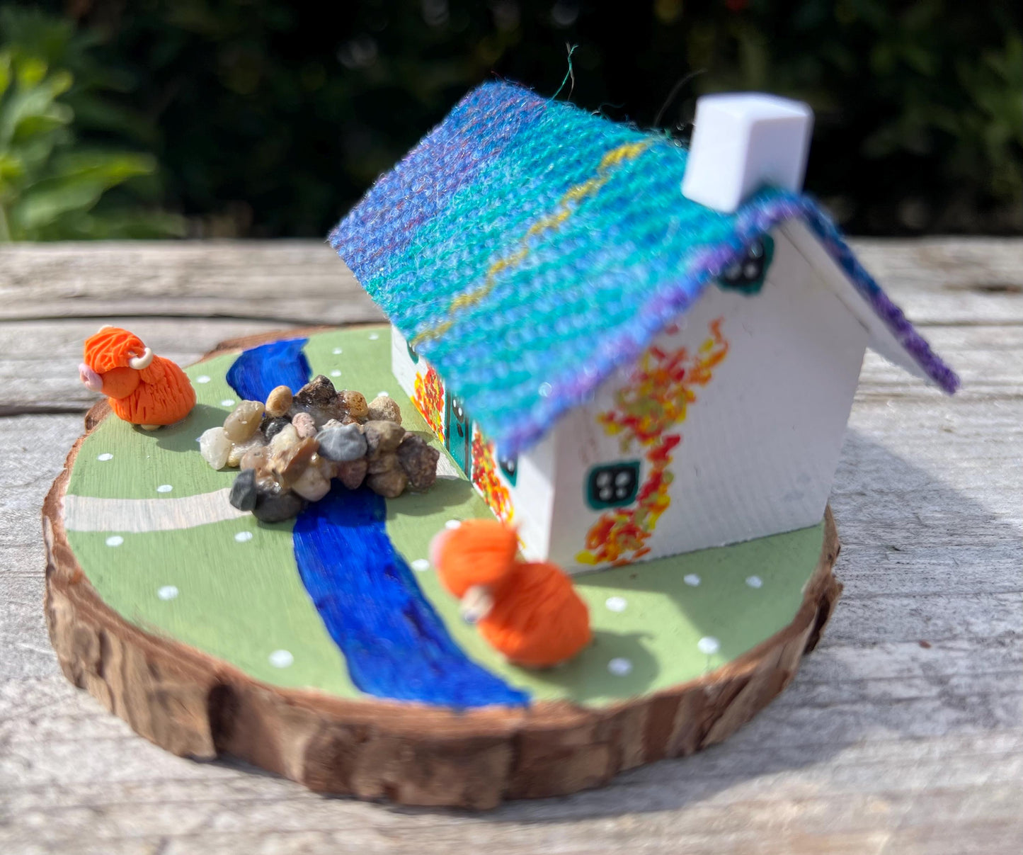 Teal & Purple Harris Tweed Miniature Scottish Bothy with Highland Cows