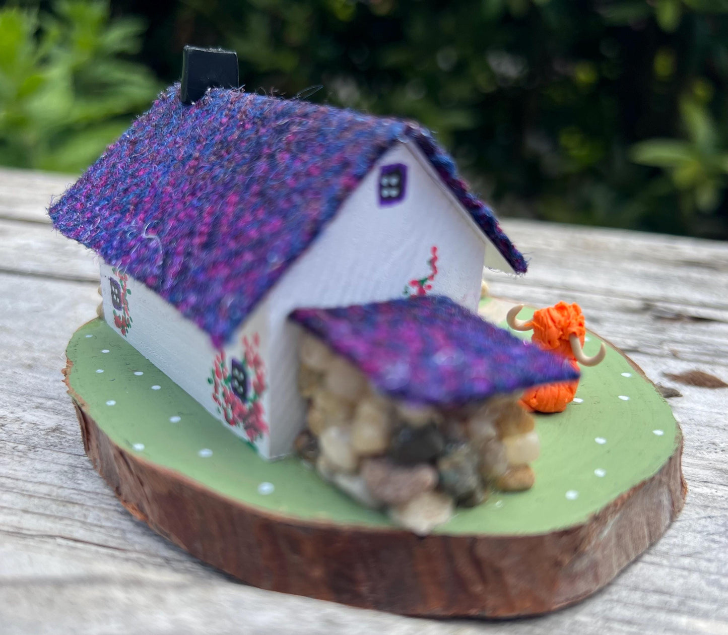 Dark Purple Harris Tweed Miniature Scottish Bothy with Highland Cows