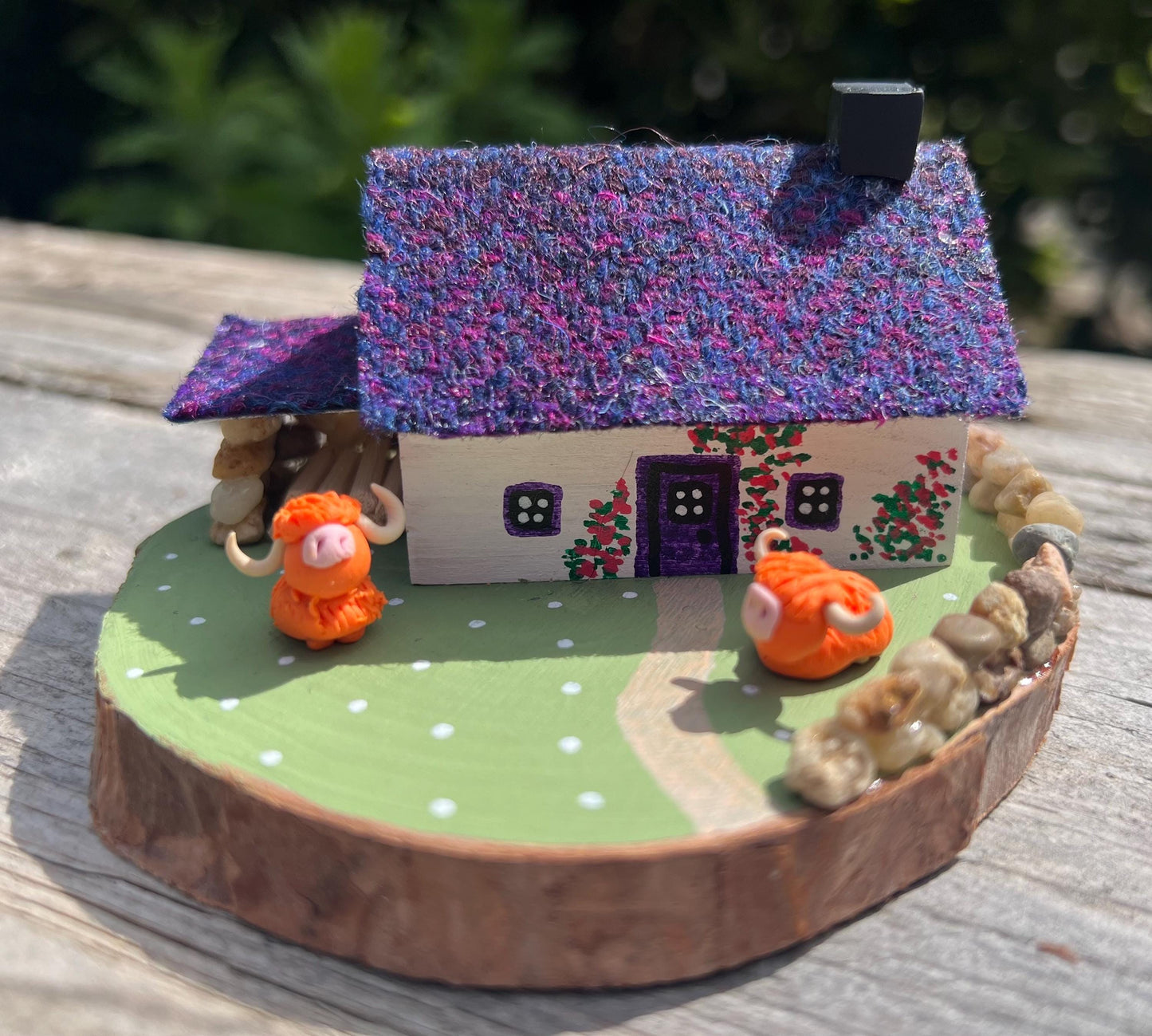 Dark Purple Harris Tweed Miniature Scottish Bothy with Highland Cows