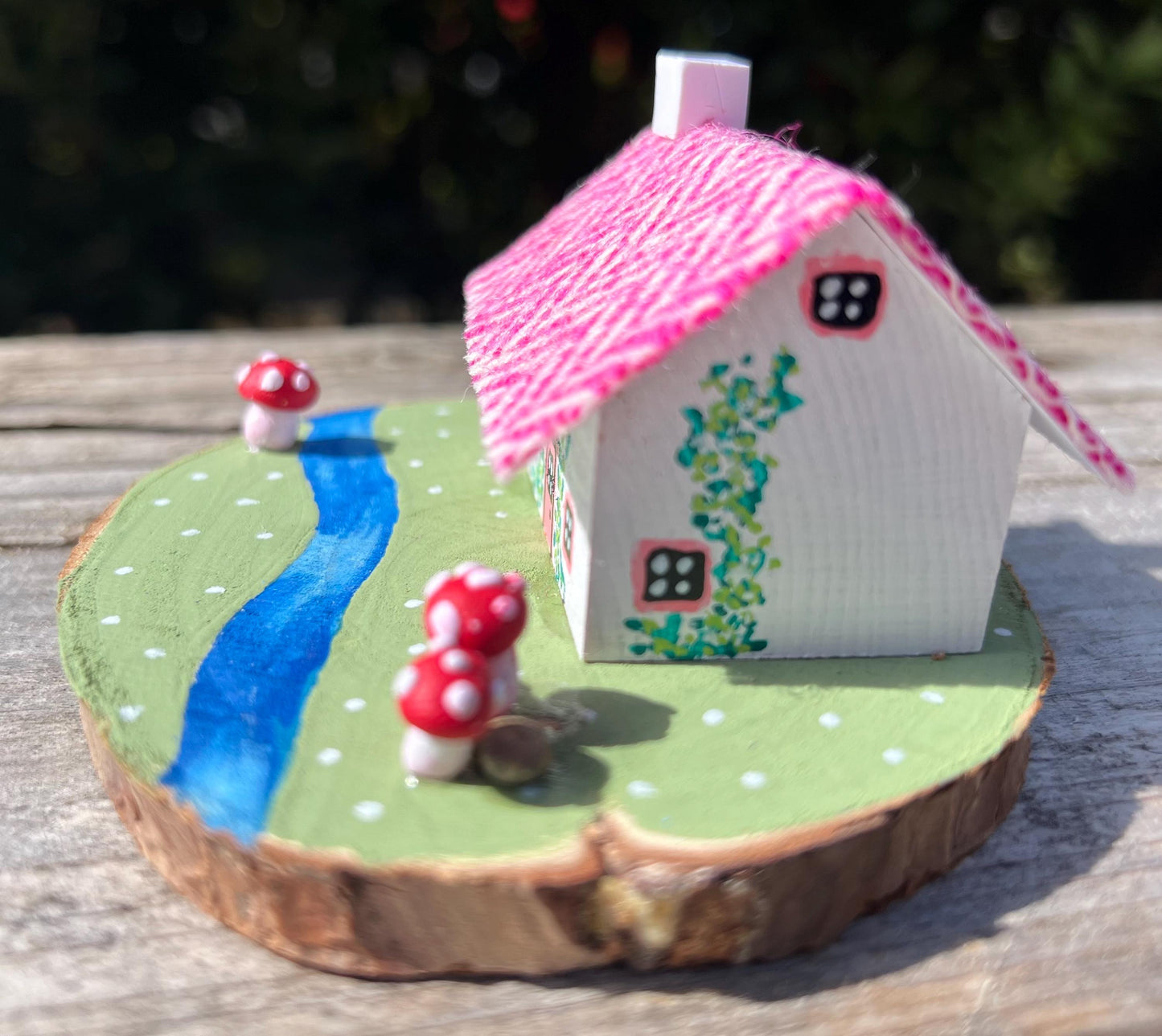 Pink Striped Harris Tweed Miniature Scottish Bothy with Mushrooms