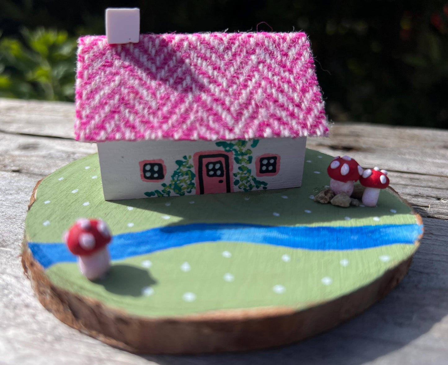 Pink Striped Harris Tweed Miniature Scottish Bothy with Mushrooms