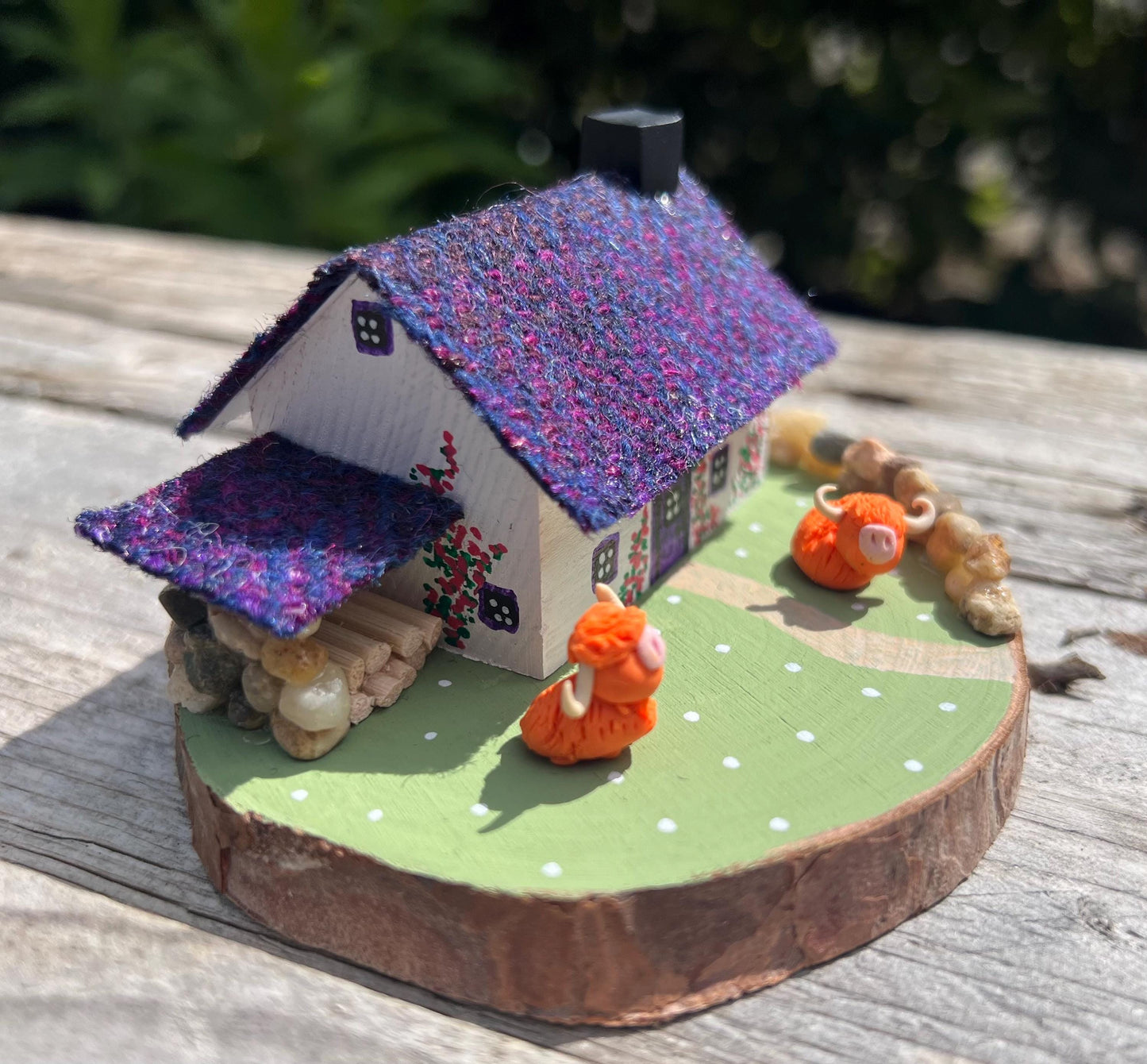 Dark Purple Harris Tweed Miniature Scottish Bothy with Highland Cows