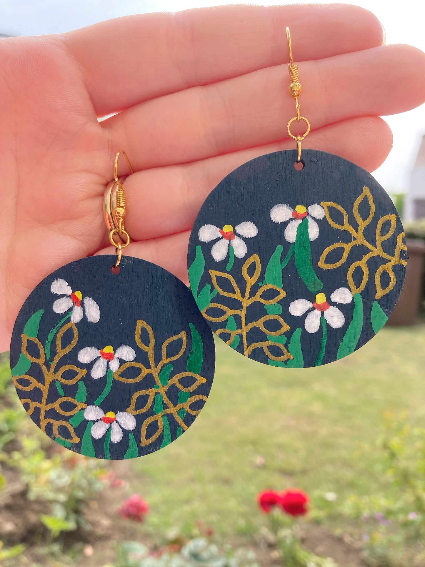 Handpainted, Midnight Daisy, Light Weight Wooden Dangle Folk Art Earrings, Handmade in Scotland