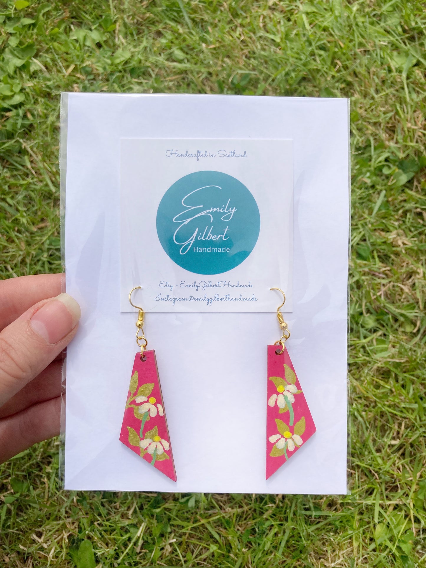 Hot Pink & Gold Hand Painted Wooden Daisy Earrings, Made in Scotland