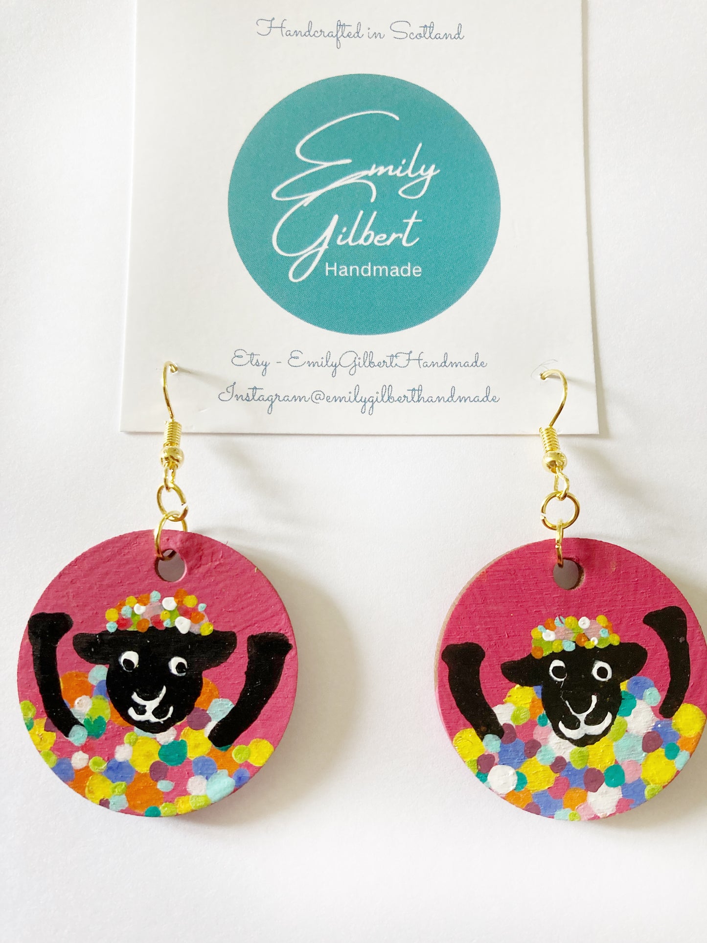 Pink & Yellow Funky Hand-painted Lightweight Sheep Earrings, Handmade in Scotland