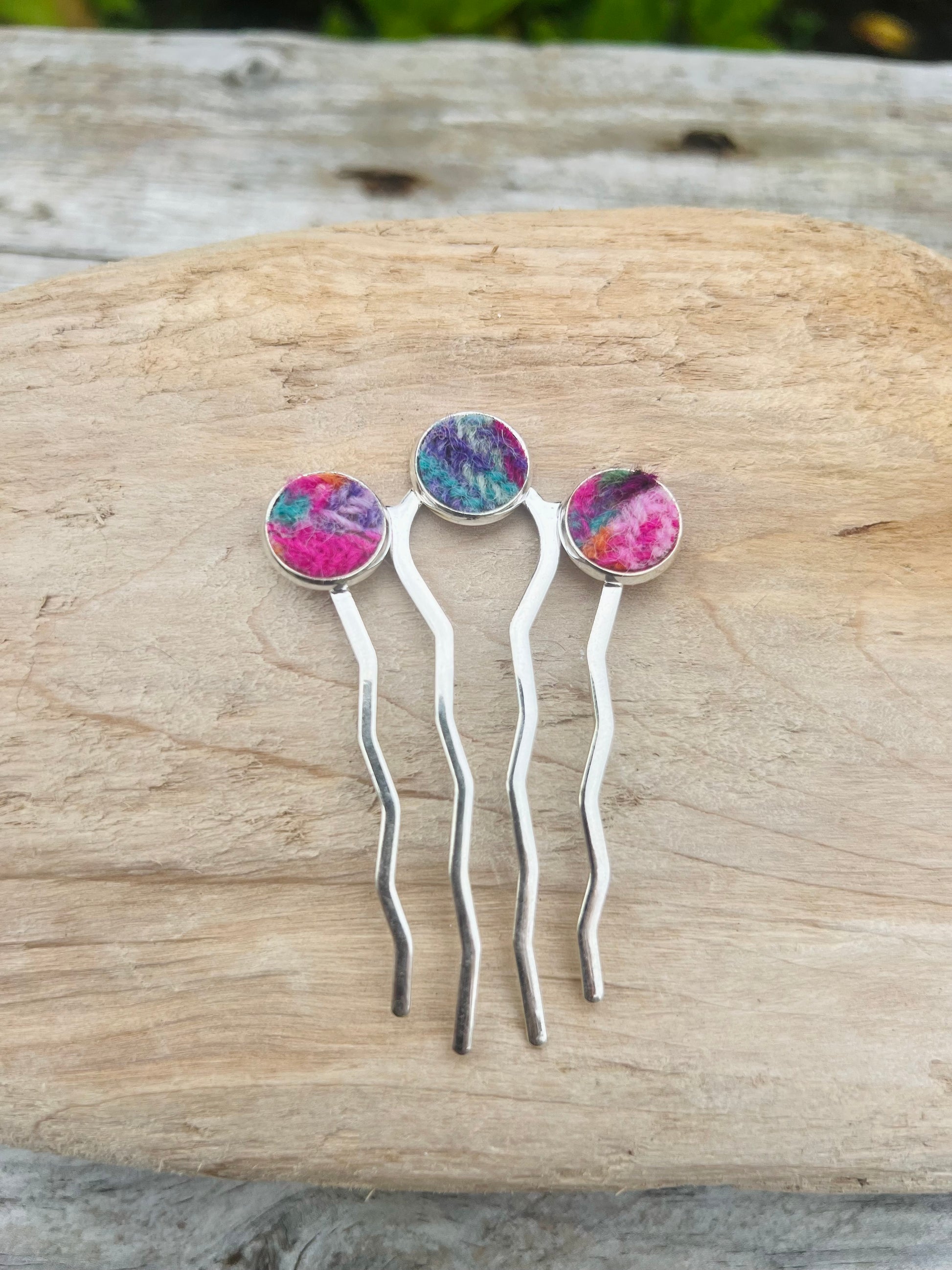 Pink patchwork Harris tweed silver coloured hair comb 