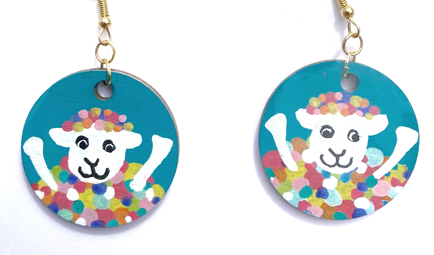 Teal & Pink Funky Sheep Lightweight Hand Painted Wooden Earrings, Made in Scotland