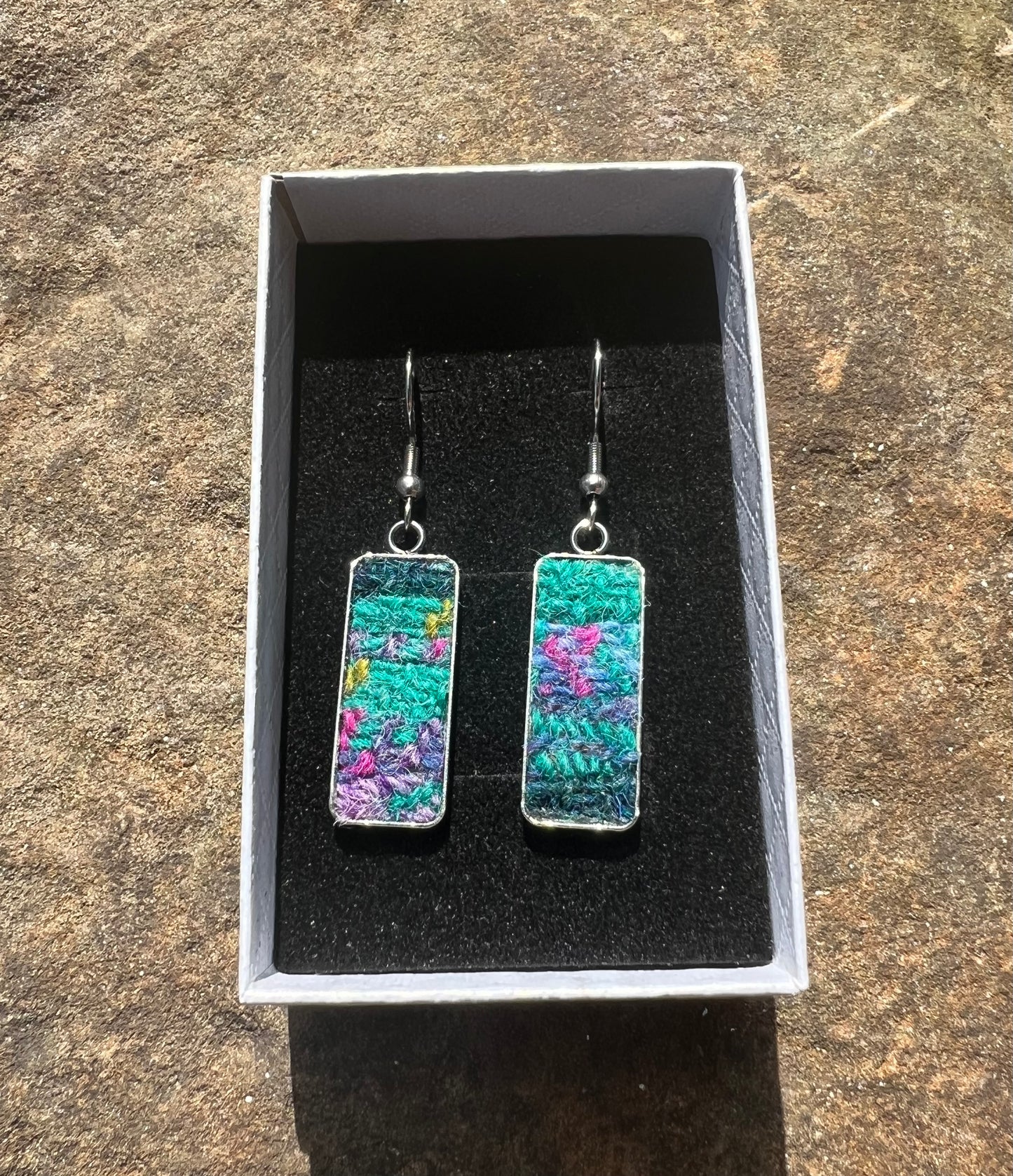 Teal & Pink Harris Tweed Patchwork Sterling Silver Earrings