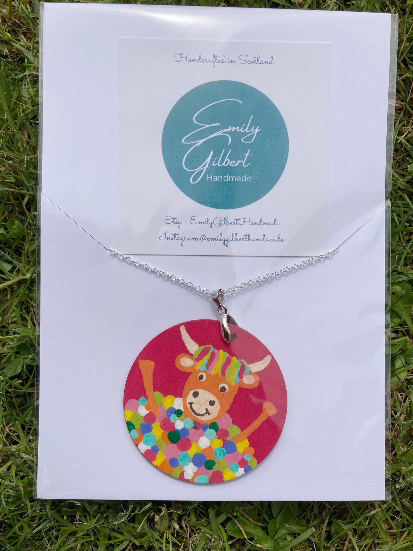 Hot Pink Hand Painted Highland Cow Pendant, Made in Scotland