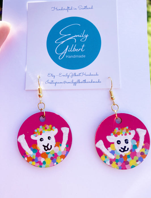 Pink & Yellow Funky Hand-painted Lightweight Sheep Earrings, Handmade in Scotland