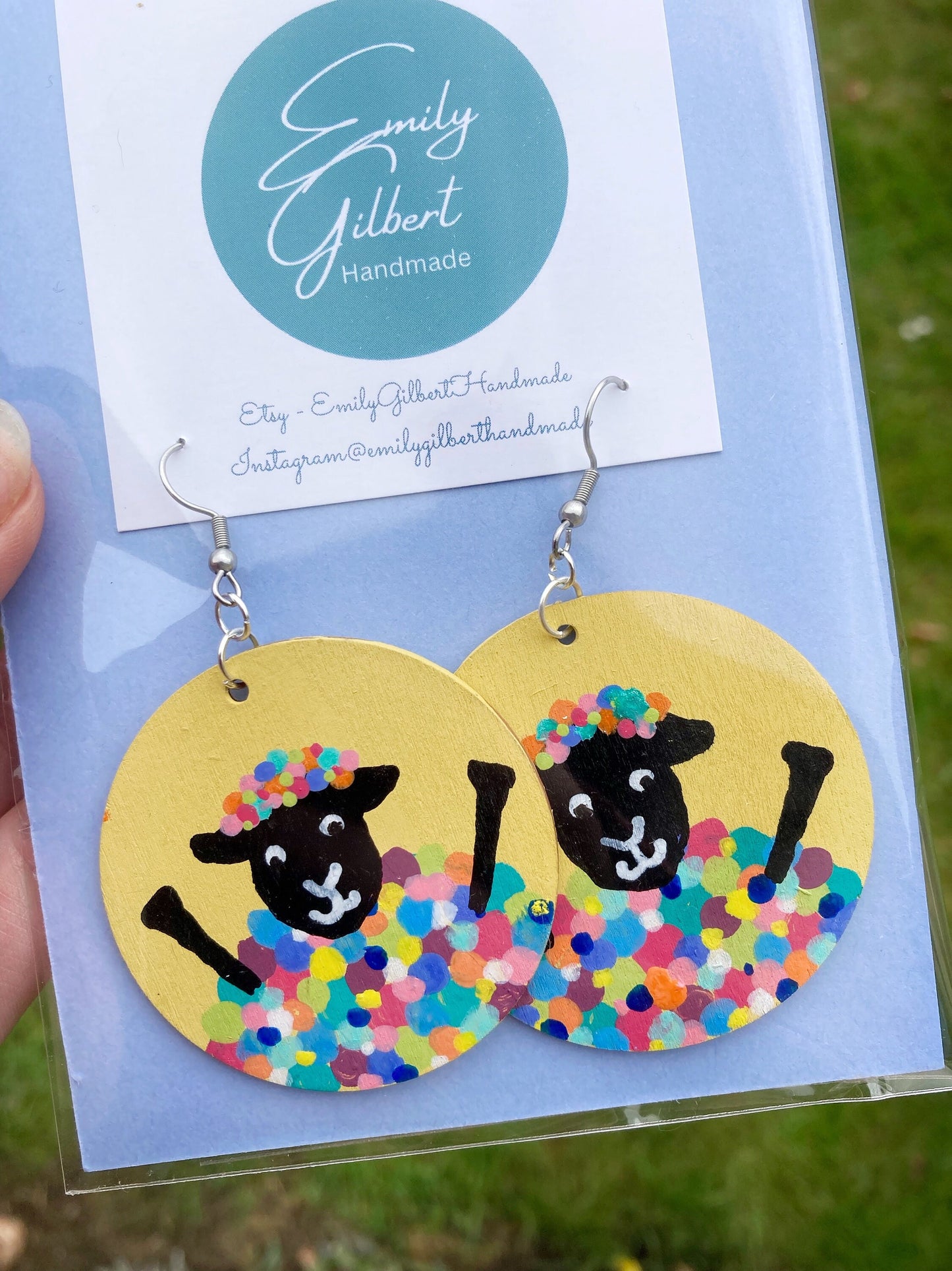 Hand painted, Funky sheep earrings wooden lightweight statement dangle earrings, yellow, polka-dot, handmade in Scotland