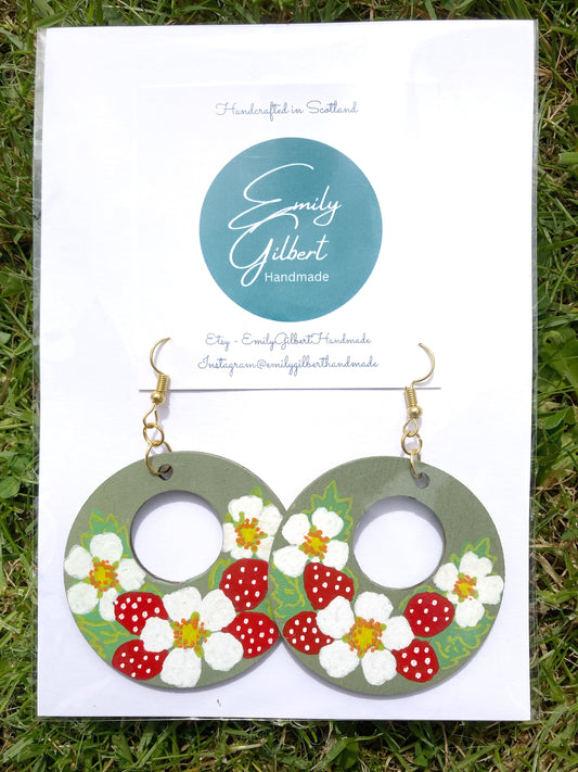 Hand Painted Large Wooden Strawberry Earrings, Made in Scotland