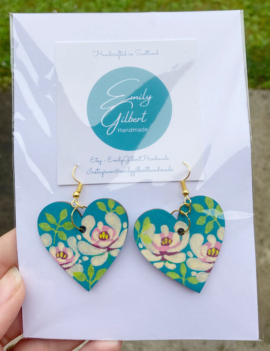 Hand painted Rose Floral Heart Shaped Teal Light Weight Dangle Wooden Earrings, Handmade in Scotland