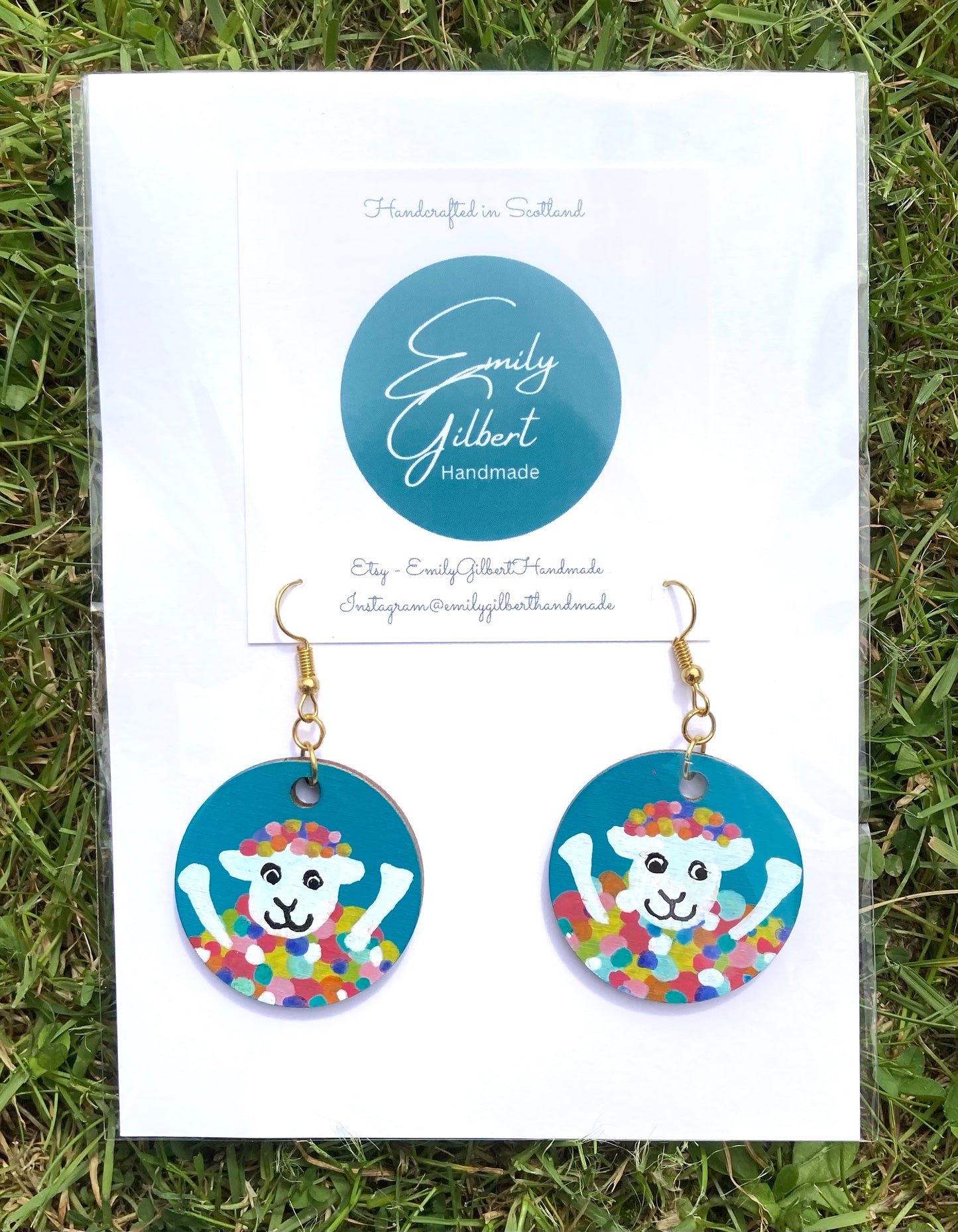 Teal & Pink Funky Sheep Lightweight Hand Painted Wooden Earrings, Made in Scotland