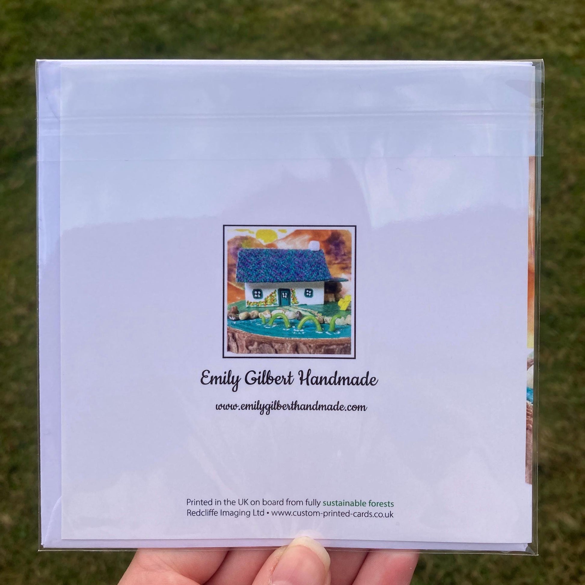 white back of square greetings card with thumbnail image of the front of the card with website details underneath 