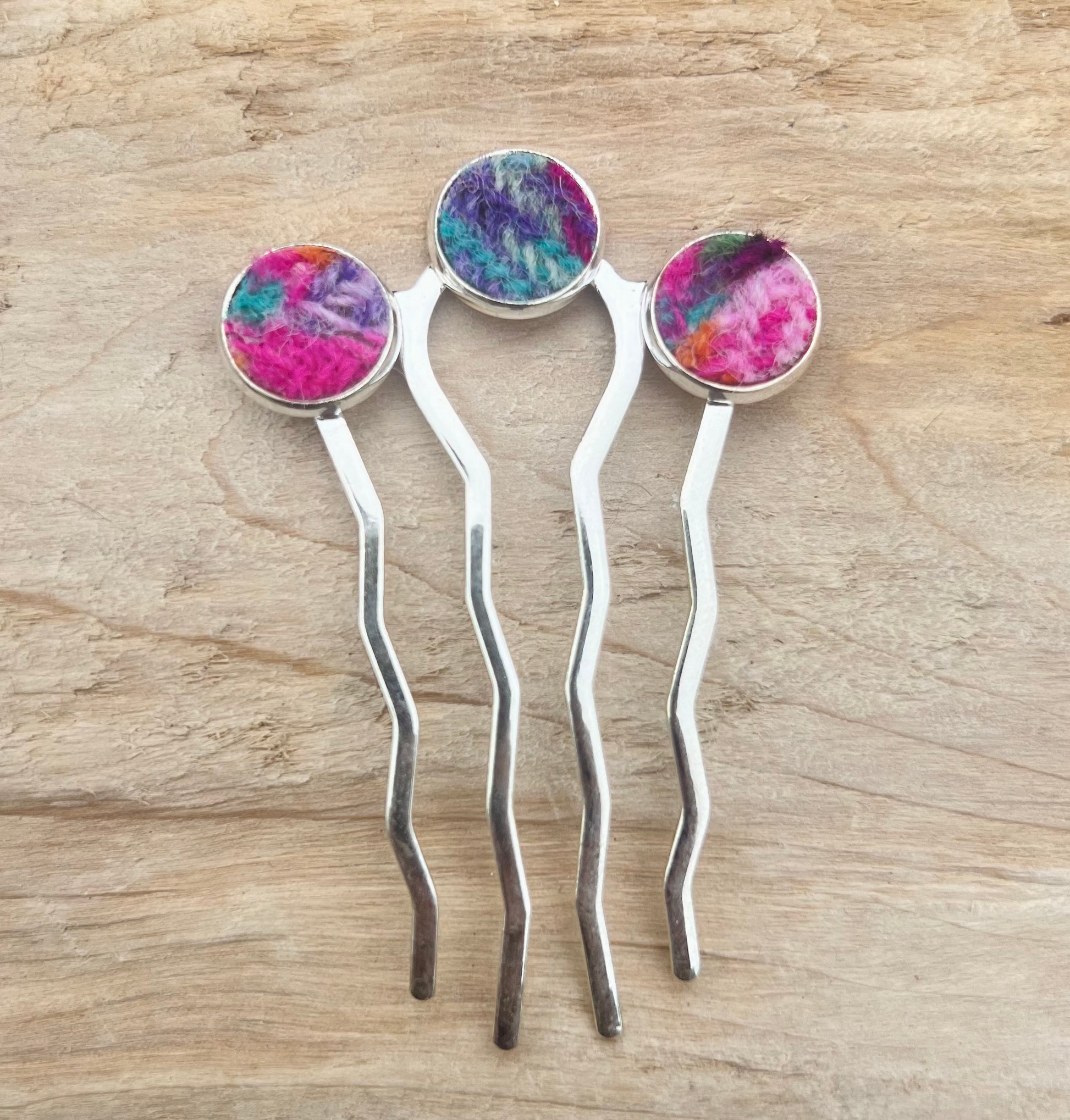 Pink and purple mix Harris tweed hair comb being added