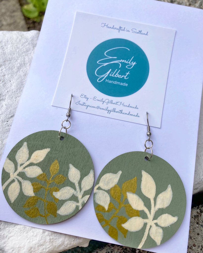 Hand painted Artisan Olive, Ivory and Gold Botanical Art Lightweight Statement Wooden Unique Earrings, Handmade in Scotland