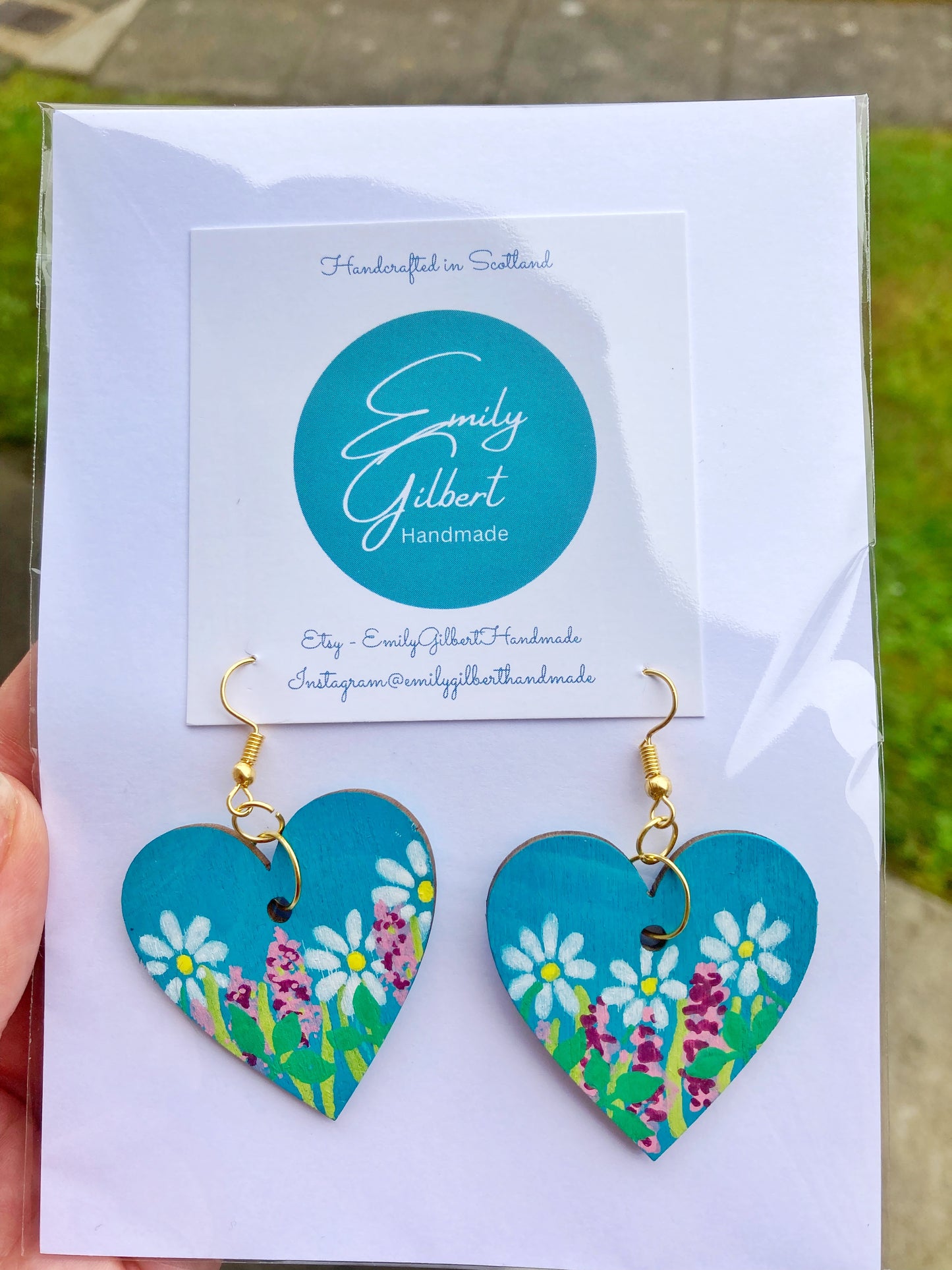 Hand painted unique lightweight wooden daisy heart earrings