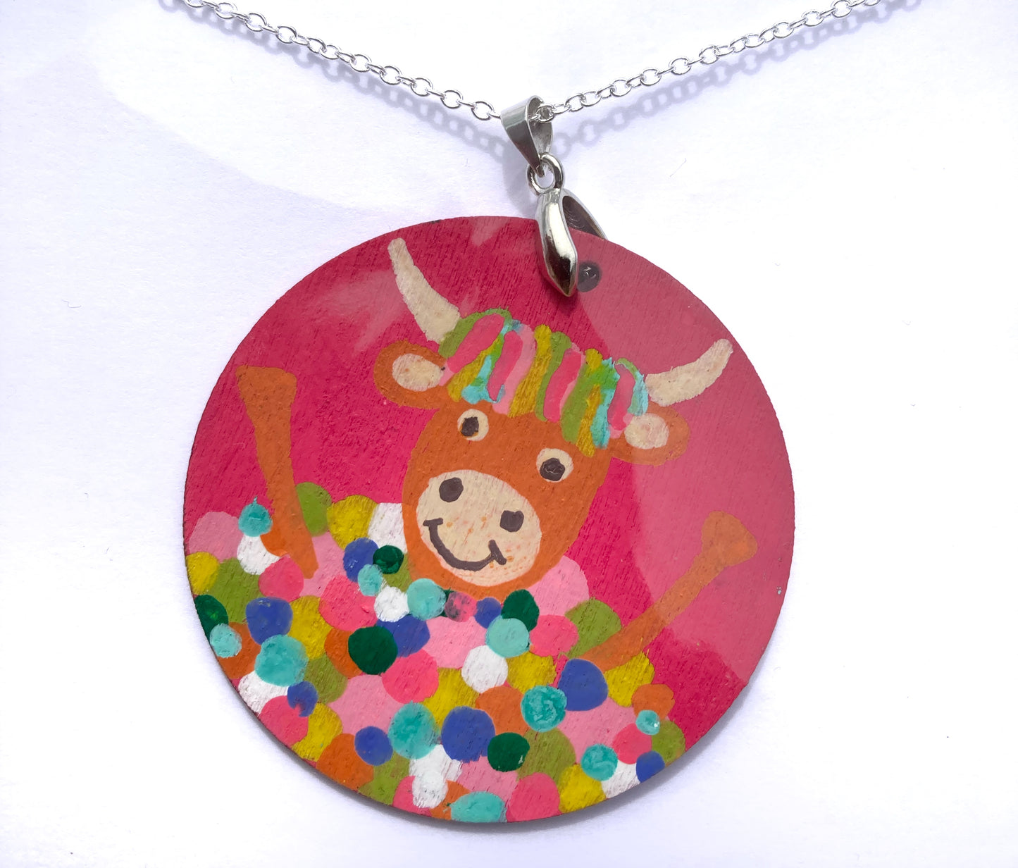 Hot Pink Hand Painted Highland Cow Pendant, Made in Scotland