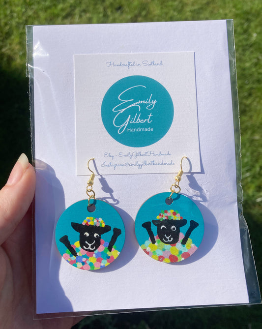 Teal & Pink Funky Sheep Lightweight Hand Painted Wooden Earrings, Made in Scotland