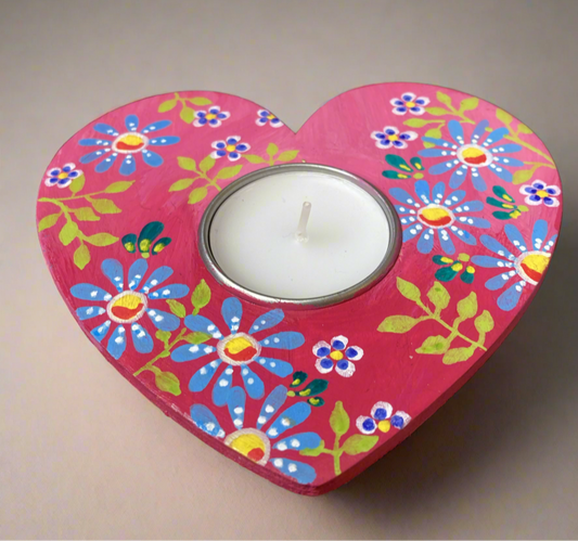 Blue and Pink Daisy Hand Painted Heart Tealight Holder, Handmade in Scotland