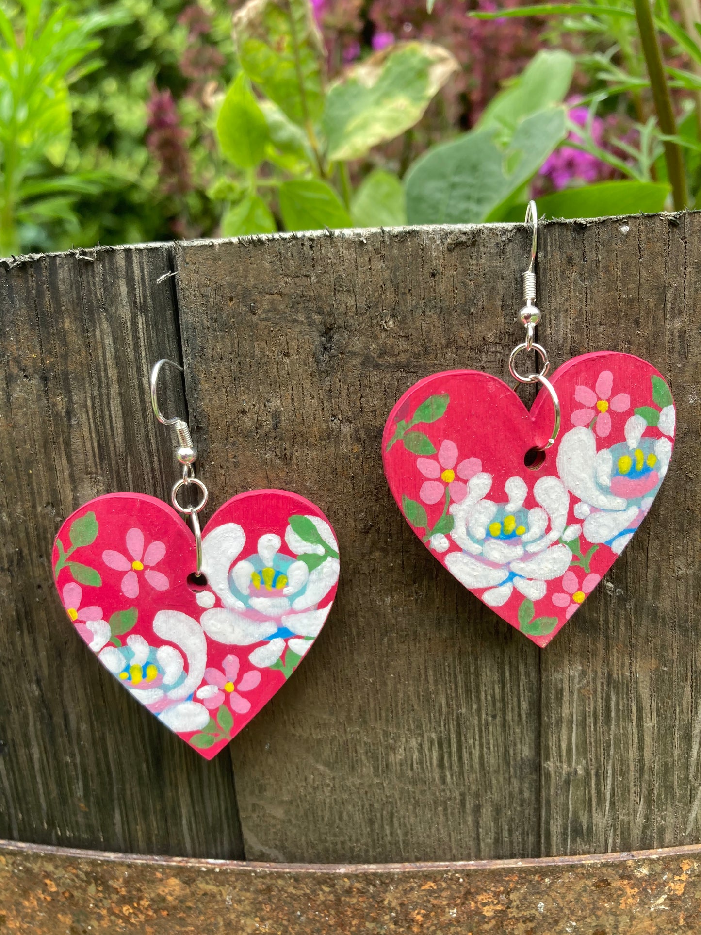 Hand painted Hot Pink Rose Heart Lightweight Dangle Wooden Unique Earrings, Handmade in Scotland