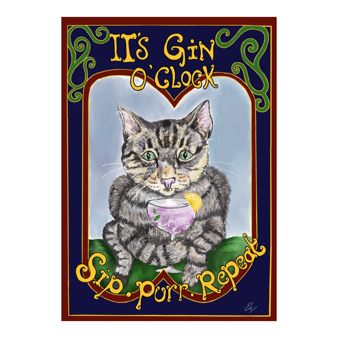 Cat Lover Gin G&T Wall A4 Art Print, Hand Drawn and Designed in Scotland