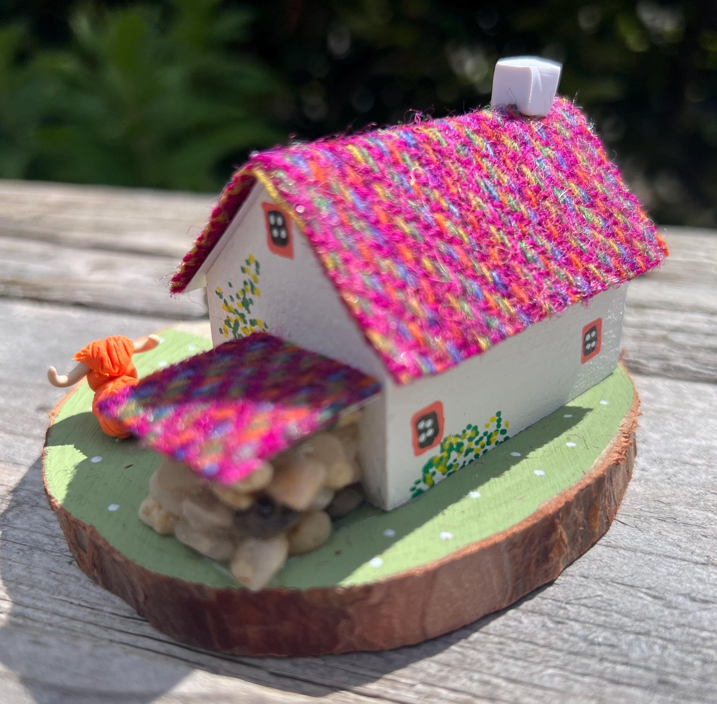 Pink Stripe Harris Tweed Miniature Scottish Bothy with Highland Cows