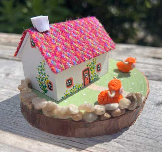 Pink Stripe Harris Tweed Miniature Scottish Bothy with Highland Cows