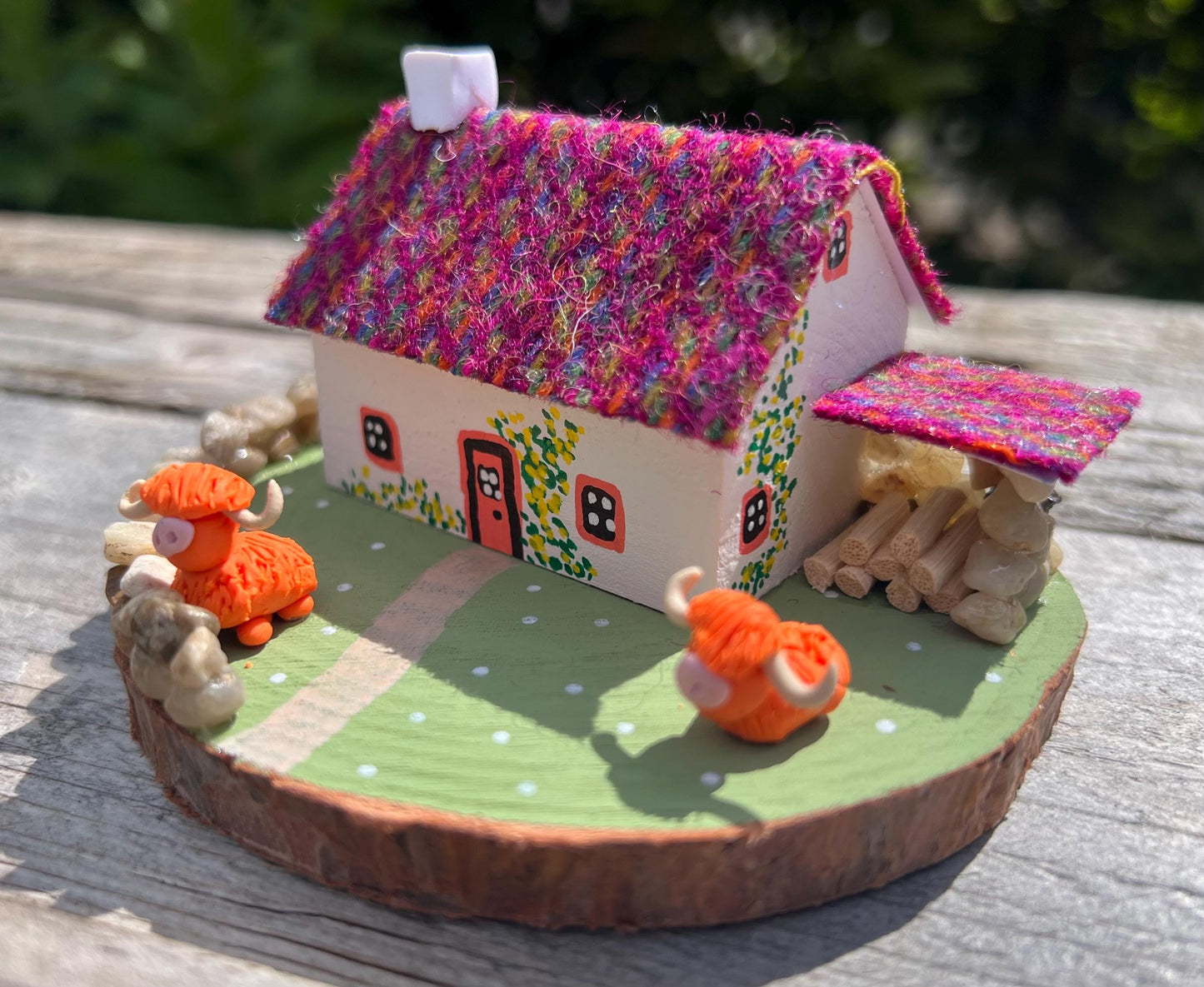 Pink Stripe Harris Tweed Miniature Scottish Bothy with Highland Cows