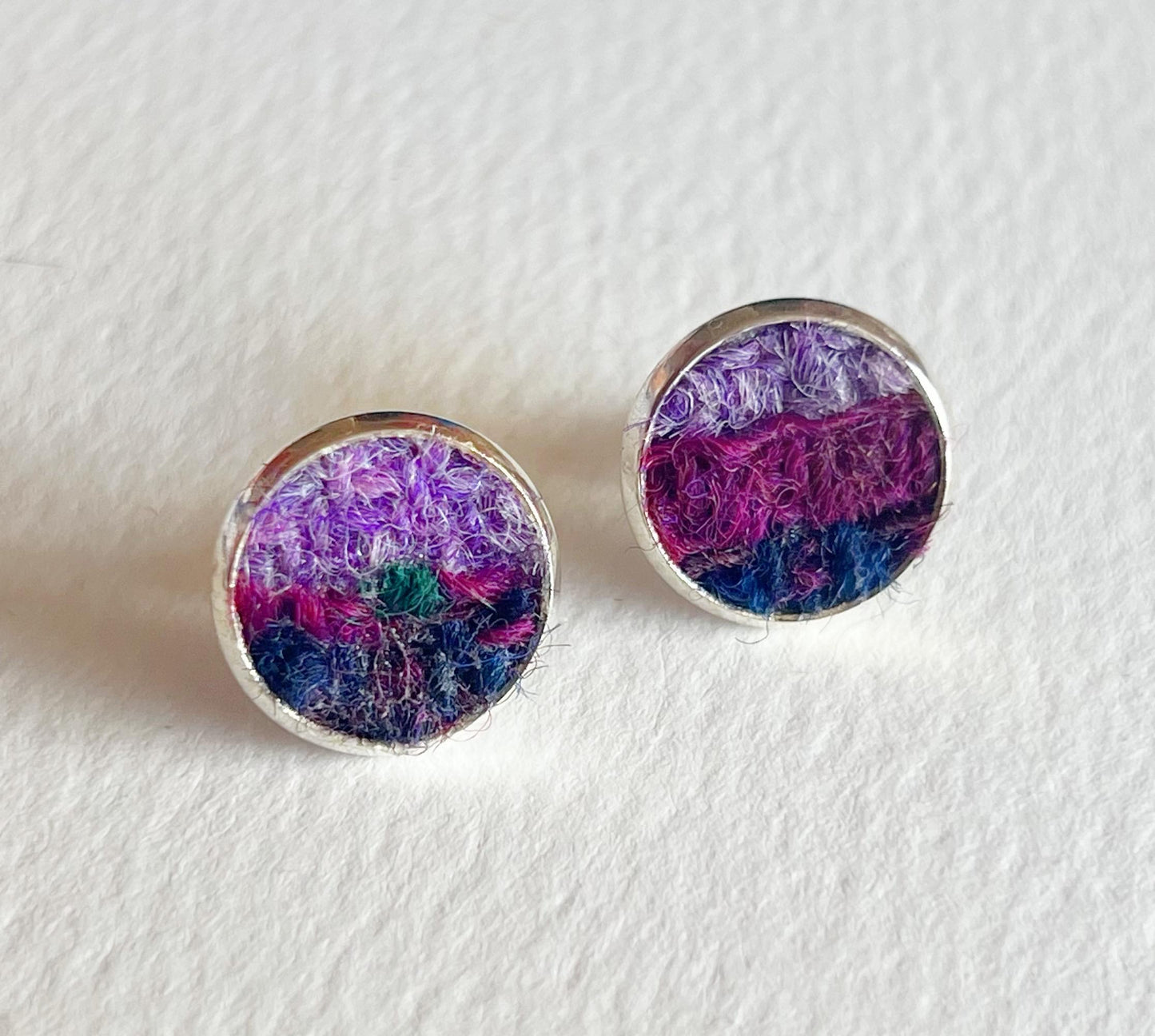 Light to Dark Purple Harris Tweed Earrings in circular 12mm Stainless Steel Settings 