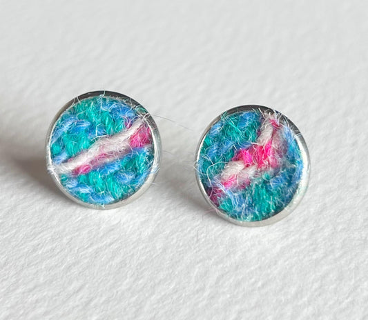 Teal and pink harris tweed earrings with white flecks set in 12mm stainless steel circular settings