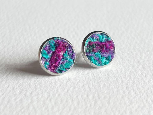 Teal and Purple Harris Tweed Patchwork Earrings set in 12mm circular stainless steel stud fittings 