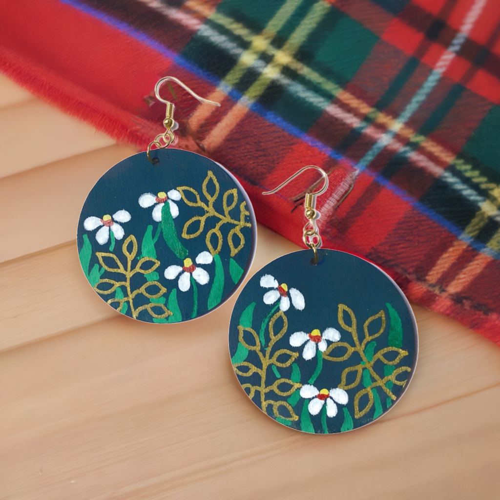 Handpainted, Midnight Daisy, Light Weight Wooden Dangle Folk Art Earrings, Handmade in Scotland