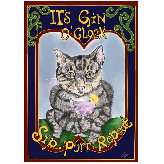 Vintage Style art print featuring a cat holding a gin glass with a slice of lemon with the slogan, its gin o clock, sip, purr, repeat 