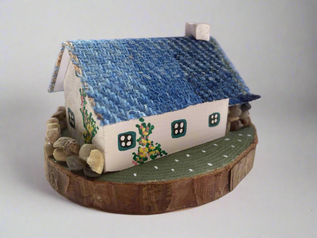 Blue Tartan Harris Tweed Keepsake Miniature Wooden Scottish Bothy & Log Store, Handmade in Scotland