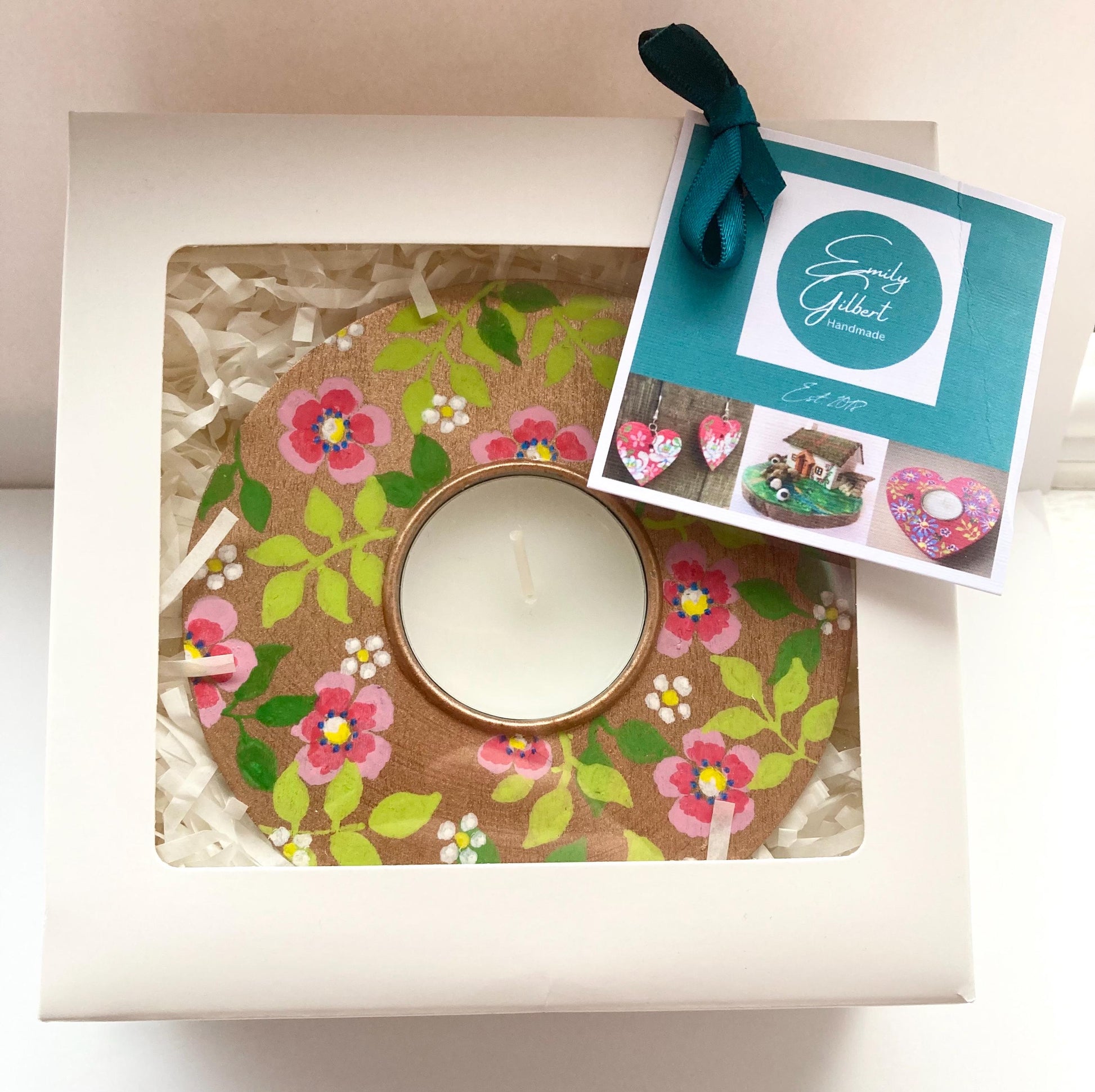 Rose Gold and Pink Floral Circular Hand Painted Tealight Candle Holder, Gift Boxed, Handmade in Scotland