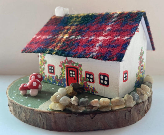 Royal Stewart Harris Tweed Miniature Scottish Bothy with mushrooms and log store